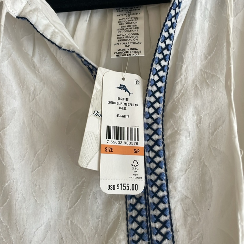 NWT Tommy Bahama White Cotton embroidered Dress - Picture 3 of 3